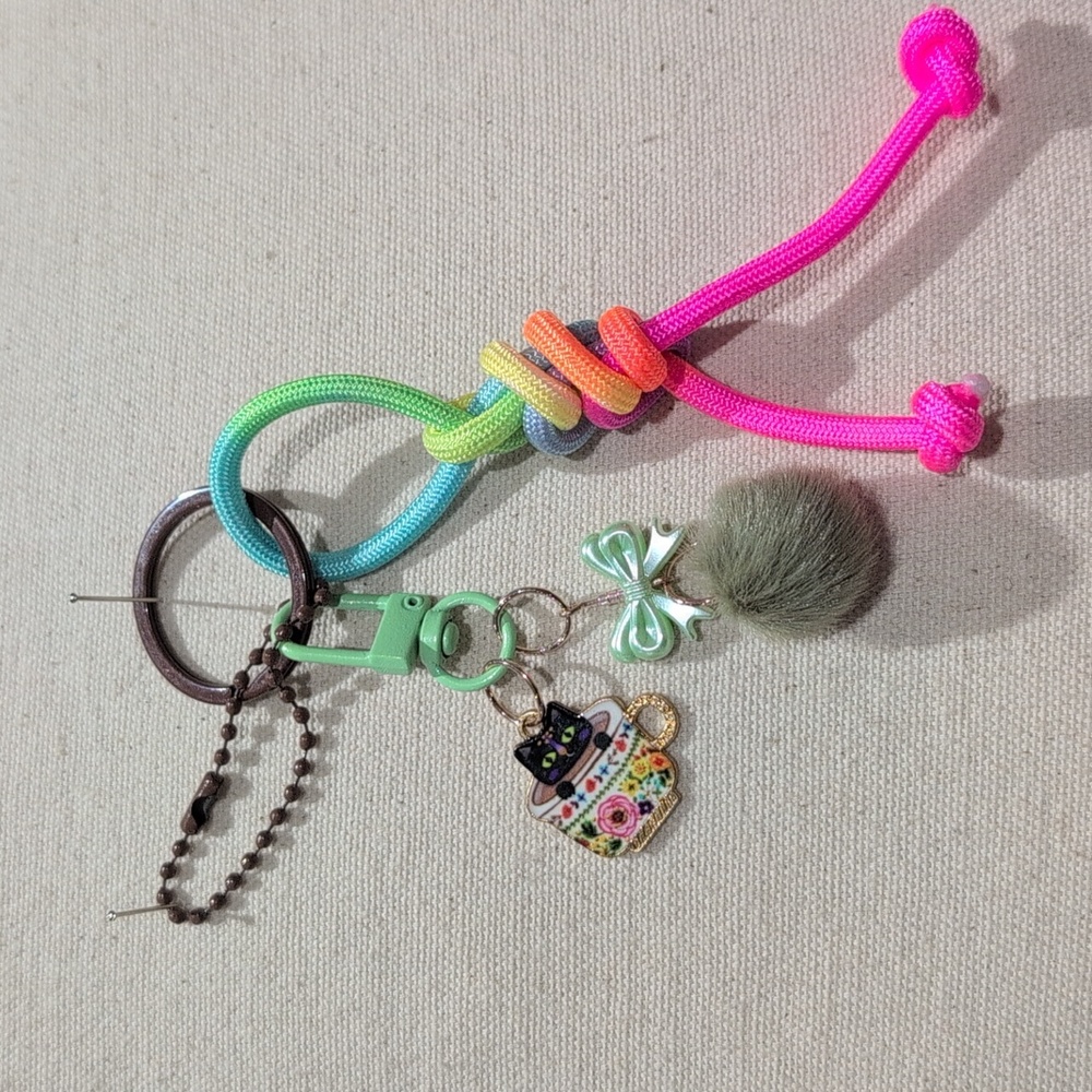 Cute Customizeable Cat In Teacup Keychain with Pom Pom and Bow